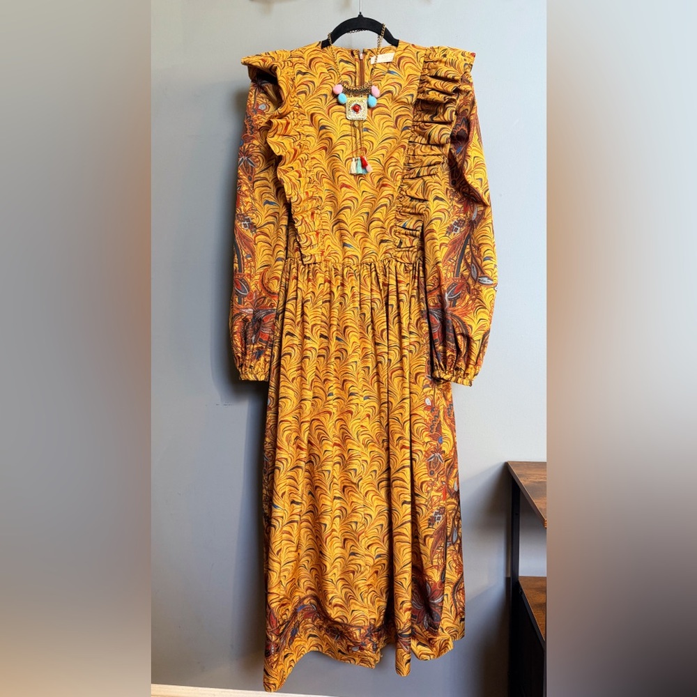 Ulla Johnson Mustard Art Nouveau Print Midi Dress | Romantic Ruffle Dress